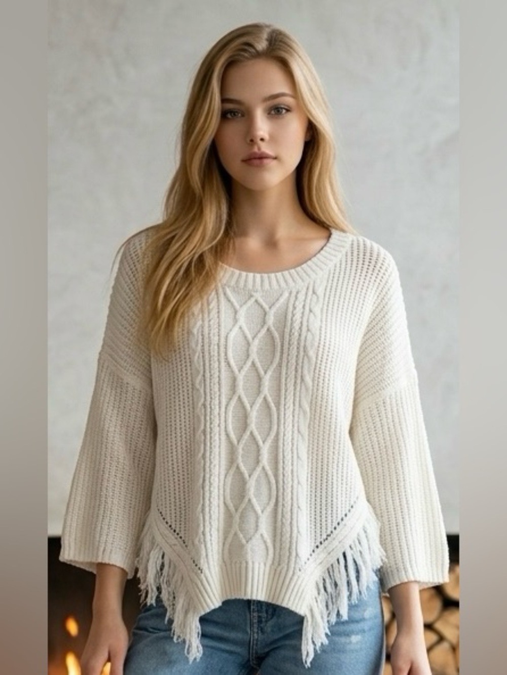 Ultra Flirt Women’s Sz XL off white Cable-Knit 3/4 Sleeve Fringe Sweater